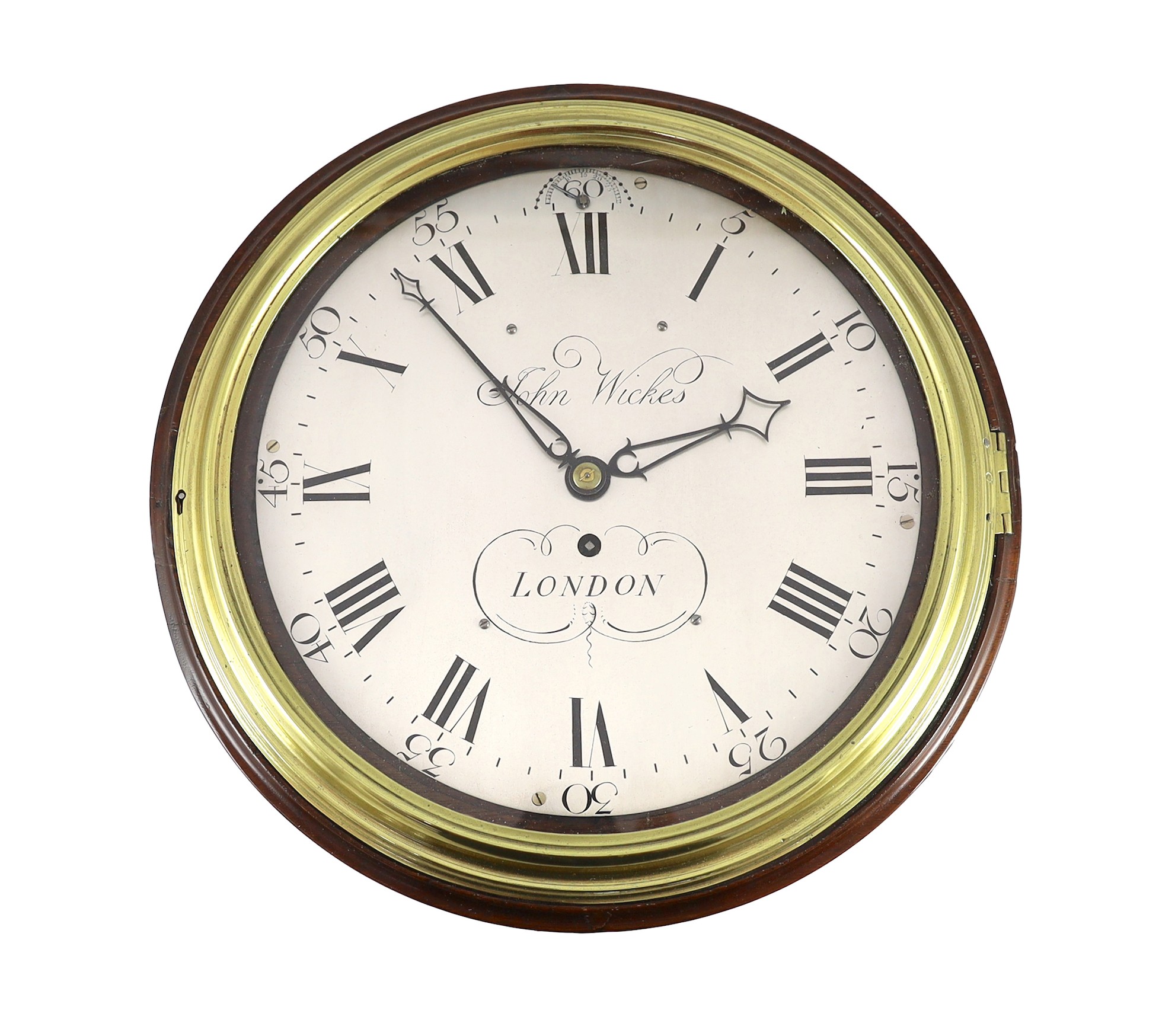John Wickes of London. An early 19th century mahogany wall dial timepiece, 40cm diameter 14.5cm deep
